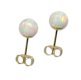 14k Yellow Gold Created Opal Fiery White Round Stud Earrings