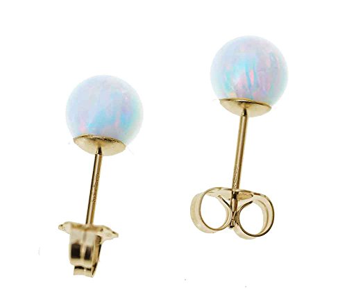 14k Yellow Gold Created Opal Round Stud Earrings