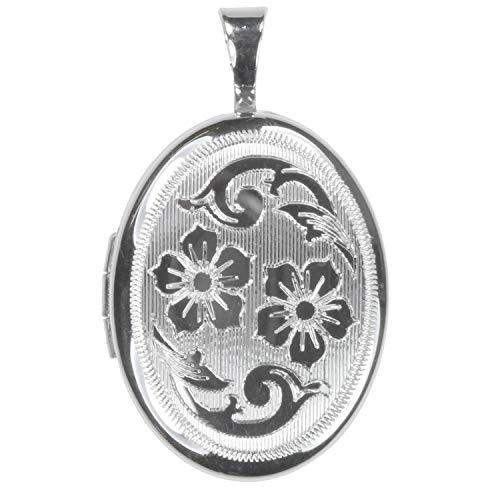 Sterling Silver Locket Oval 16mm x 19mm Two Flowers with Lace Border Rhodium Finish